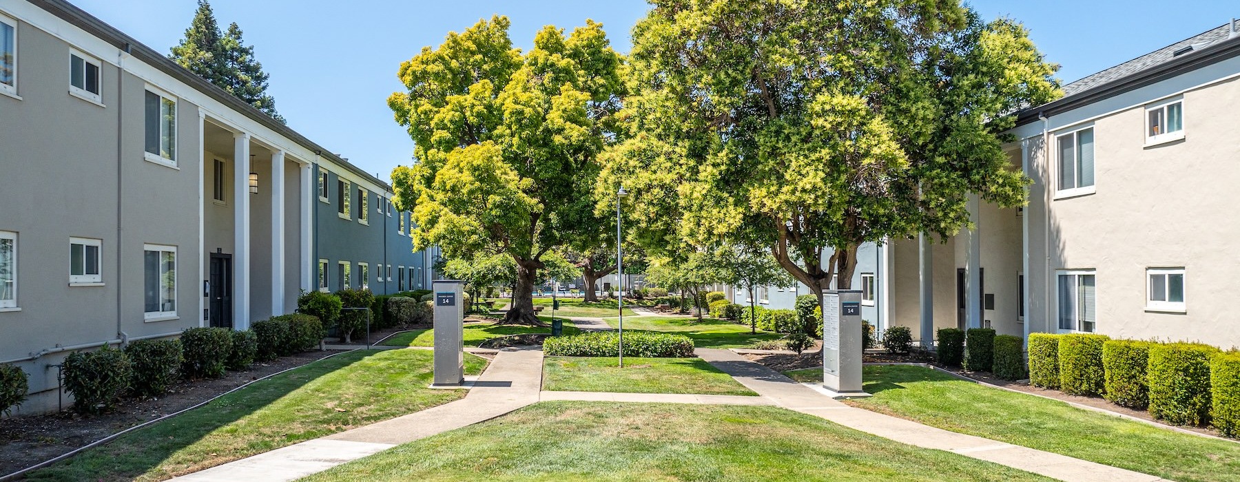 a courtyard with trees