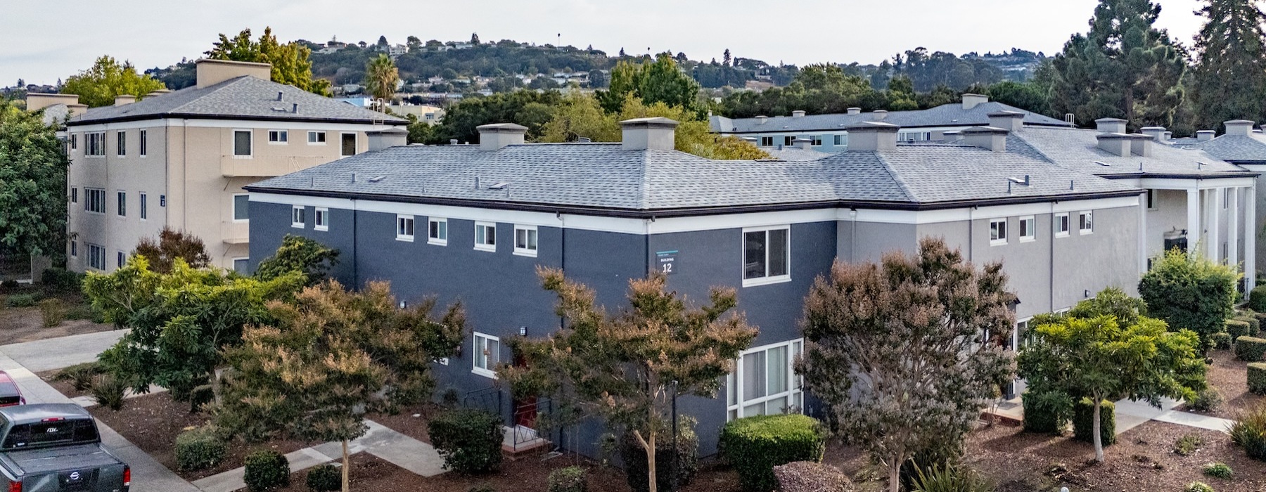 a building with a parking lot